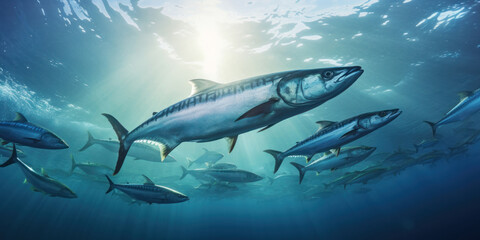 Wide view of a group of mackerel in the ocean. Banner concept for a fish store or seafood department. - obrazy, fototapety, plakaty