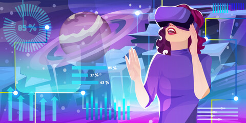 Woman in casual clothes wearing VR googles watching at virtual reality world space, digital interface, planet hologram, network technology, abstract cyberspace, futuristic science. Vector illustration - obrazy, fototapety, plakaty
