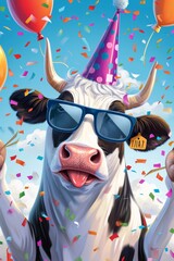 Party Cartoon Cow: Joyful Greeting Card, Festive Fun