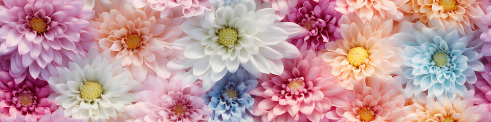 Fototapeta premium multi colored chrysanthemum flowers long narrow panoramic view spectrum rainbow nature background soft abstract tile
