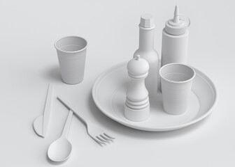 Set of disposable utensils like plate, folk, spoon,knife, cup and pepper mill