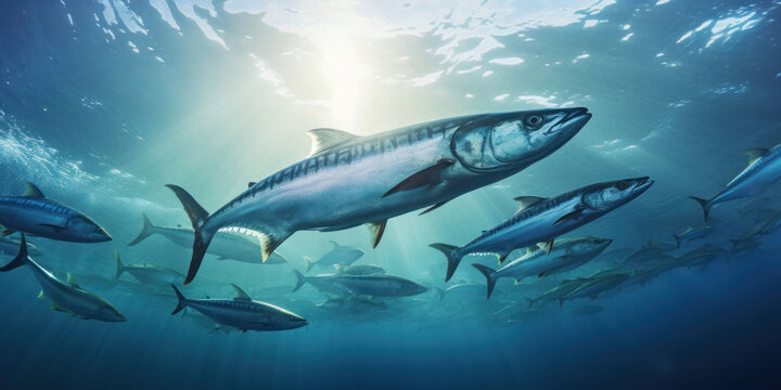 Wide view of a group of mackerel in the ocean. Banner concept for a fish store or seafood department.