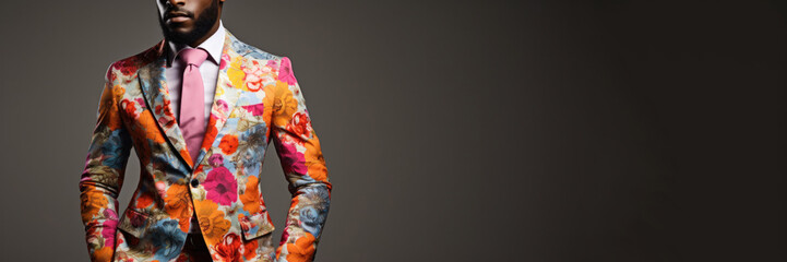 Stylish African American man wearing a bright floral business suit against a dark gray background. Free space for product placement or advertising text.