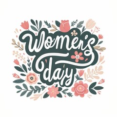 Happy Women's Day lettering and floral on white background.