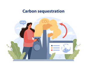 Carbon Sequestration concept. Woman monitors CO2 emissions, nature's role in reducing greenhouse gases. Earth protection. Climate responsibility. Flat vector illustration