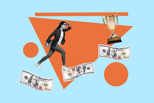 Horizontal photo collage of motivated businesswoman running up dollar banknotes as stairs reach golden cup reward on abstract background