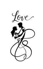 minimalistic graphics of a couple in love dancing with the inscription love and hearts