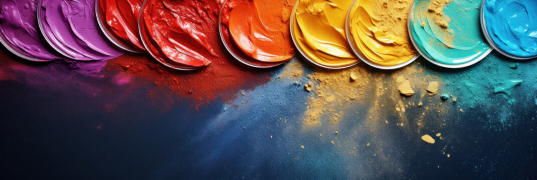 Strokes of different colors of paints and a scattering of dry paint on a dark background. Free space for advertising text for creative products or car paint.