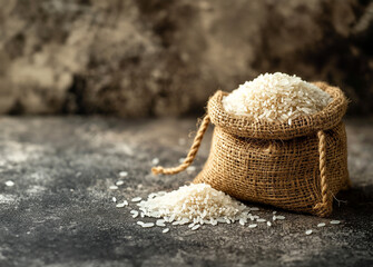 Sack of Uncooked Rice on a Rustic Table