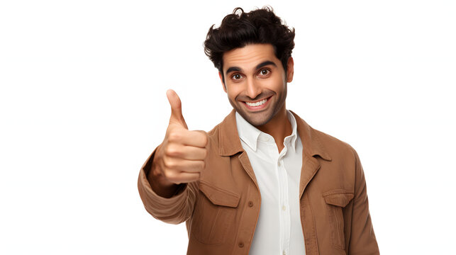 a smiling man in brown casual shirt giving a thumb up, isolated on white background