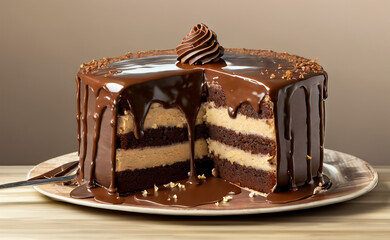 delicious looking half-cut decadent chocolate and camerl cake