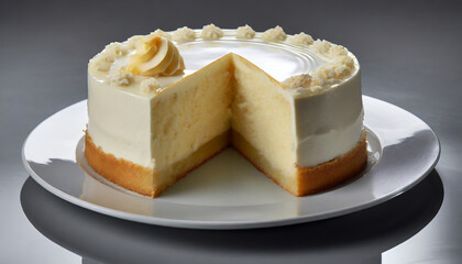 Close-up of a delicious looking decadent vanilla cake with one slice removed