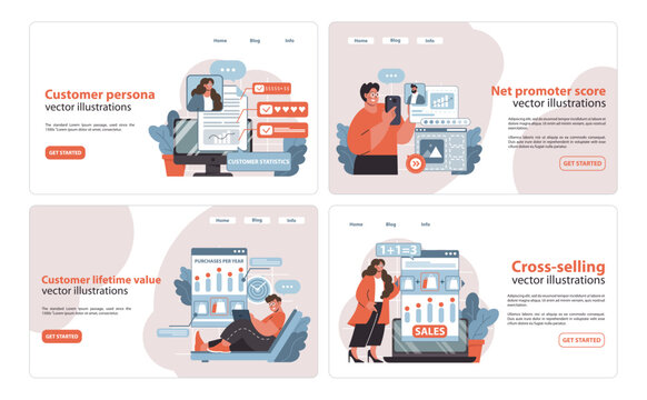 Customer Journey collection. Engaging illustrations for persona development, lifetime value, promoter score, and cross-selling strategies. Flat vector illustration.