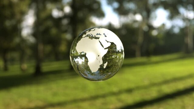 Crystal globe in a forest. Environmental protection concept