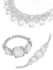 Pencil drawing of a necklace with precious stones on a white background. Isolated sketch.  Advertising material. - 705594649