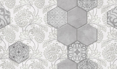 Seamless vintage pattern with scuff effect. Patchwork tiles.Floral seamless pattern with paisley ornament. Hand-drawn seamless abstract tile pattern. Tile Azulejos patchwork.  - 705594696