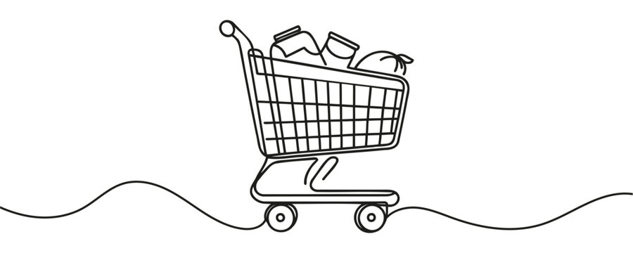 One line drawn shopping cart. Vector illustration