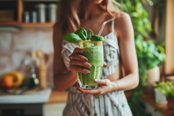 Young woman drinking green fresh vegetable juice or smoothie from glass at home. Healthy detox diet drink - obrazy, fototapety, plakaty