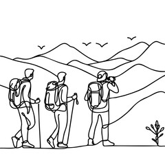 Drawn three guys in the mountains in one line. Vector illustration.
