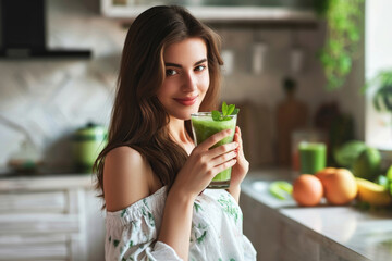 Young woman drinking green fresh vegetable juice or smoothie from glass at home. Healthy detox diet drink