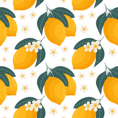 Seamless pattern, lemons with white flowers. Children's print, background, textile, wallpaper, vector