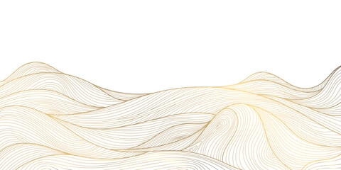 Vector line japanese art, mountains background, landscape dessert texture, wave pattern illustration. Golden minimalist drawing. - obrazy, fototapety, plakaty