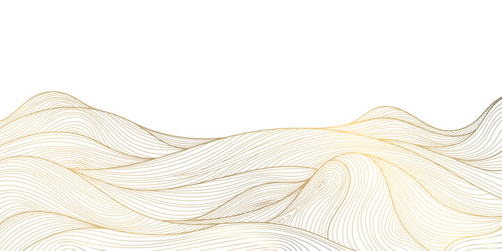 Vector line japanese art, mountains background, landscape dessert texture, wave pattern illustration. Golden minimalist drawing.