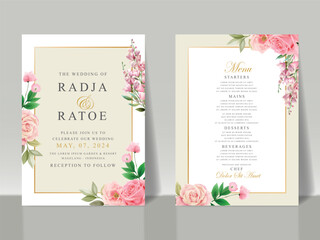 beautiful pink roses wedding invitation card set