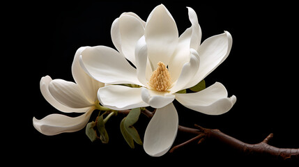 Magnolia flower blossom isolated on black background, generative ai