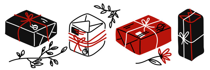 A set of packed boxes, parcels with stamps and flowers. Everything is packed and delivered on time, mailboxes are tied with thread, individual illustrations, a vector collection of colored boxes
