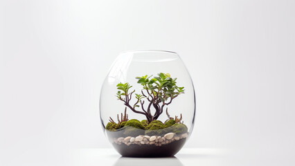 Tiny tree growing in a glass terrarium