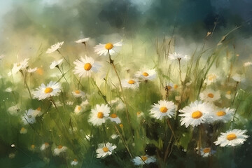 Flowering white daisies on summer meadow, watercolor painting.