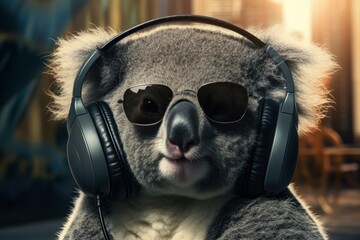 Stylish Koala headphones. Nature music animal. Generate Ai