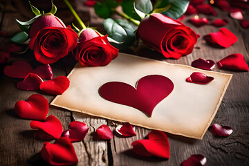 A love letter with heart shape on top and red roses around it on top of wooden table