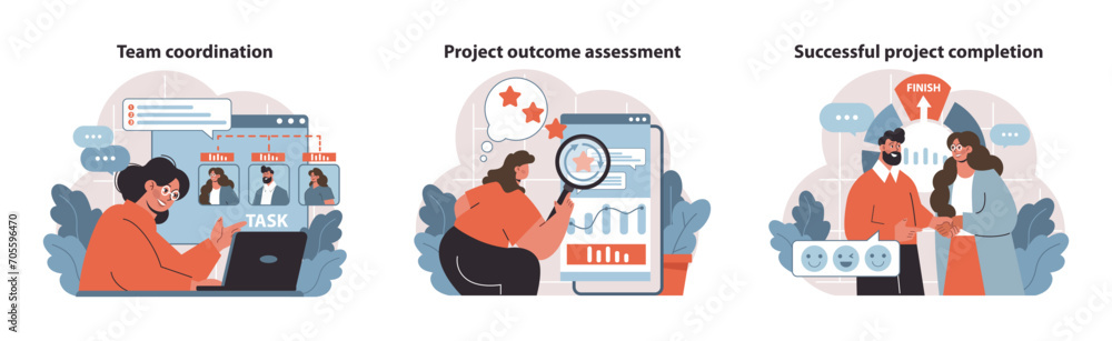 Poster project management dynamics. coordinating teams, assessing outcomes, celebrating achievements. visua