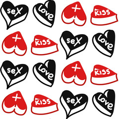 Large heart-shaped tablets with a seamless pattern, Vitamins of Love background. The inscription kiss, love, sex. Cute flat doodle illustration for Valentine's day. Seamless texture for gift paper