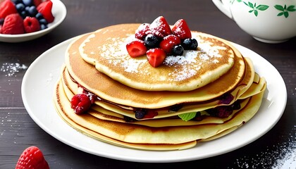 stack of pancakes with syrup and berries