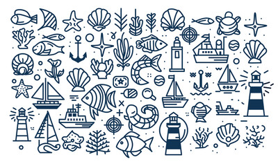 sea  fish nautical icons vector set design 