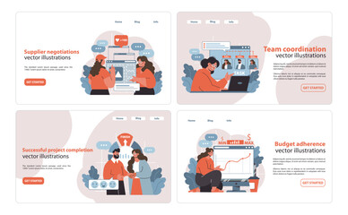 Project Management illustration set. Negotiation, coordination, and successful completion. Key phases in project lifecycle showcased. Flat vector illustration.