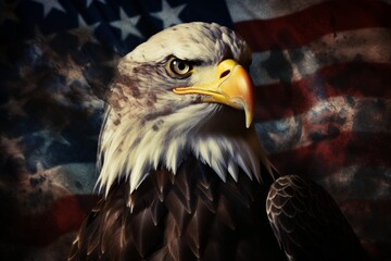 Regal american bald eagle perched on a weathered and vintage grunge flag of the united states
