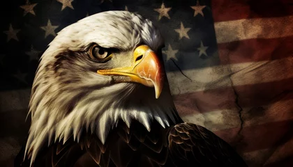 Foto op Plexiglas Majestic american bald eagle perched on a grunge american flag with distressed vintage look © Ilja