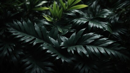 Abstract black leaves Textures of tropical leaf background, dark nature concept, tropical leaf, digital ai art, Generative Al