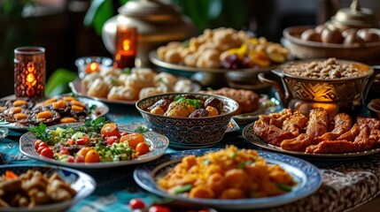 Ramadan kareem Iftar party table with assorted festive traditional Arab dishes. - obrazy, fototapety, plakaty