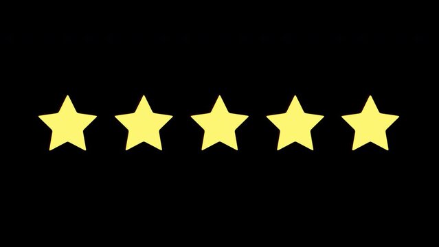 5 Five star rating, 3D intro animation of stars used in rankings on black background.