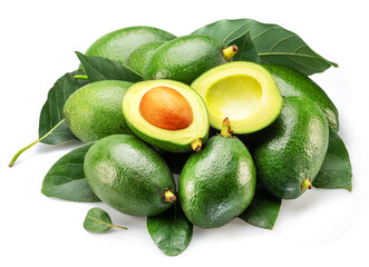 Lot of avocado fruits with leaves isolated on white background.