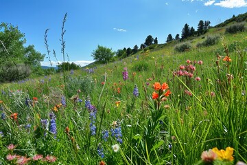 Nature's canvas, a vibrant meadow of wildflowers atop a rolling hill, painted with indian paintbrush and sprinkled with summer's golden sun