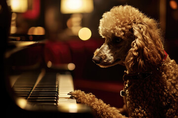 An elegant poodle sits at a grand piano, paws gracefully tapping the keys as it fills the indoor...