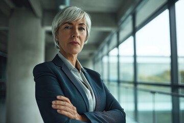Fototapeta premium A confident woman stands before a tall building, her arms crossed and wearing a sleek suit, her piercing gaze through the window a reflection of determination and power