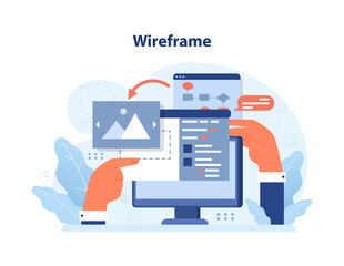 Fototapeta na wymiar Wireframe concept. Hands adjust image and site layout, illustrating web design foundations. User interface planning, site blueprint, visual content organization. Flat vector illustration