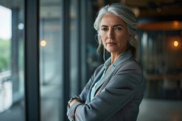 A stylish woman stands confidently in front of a window, her grey hair adding wisdom to her human face as she folds her arms, adorned in a fashion-forward dress and accessories, exuding a powerful pr - obrazy, fototapety, plakaty